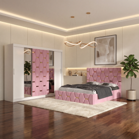 Dormitor Bia Roz Pat Tapitat cu 2 Noptiere si Dressing Tapitat 250