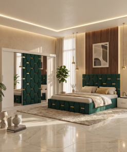 Dormitor Bia Verde Pat Tapitat cu 2 Noptiere si Dressing Tapitat 250