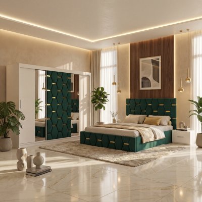 Dormitor Bia Verde Pat Tapitat cu 2 Noptiere si Dressing Tapitat 250