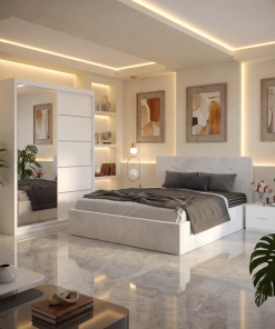 Dormitor Elys Alb cu Dressing 150 si Pat Tapitat Cu 2 Noptiere