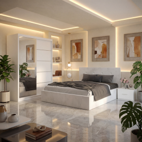 Dormitor Elys Alb cu Dressing 150 si Pat Tapitat Cu 2 Noptiere