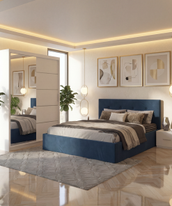 Dormitor Elys Albastru cu Dressing 150 si Pat Tapitat Cu 2 Noptiere
