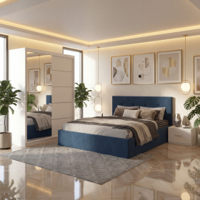 Dormitor Elys Albastru cu Dressing 150 si Pat Tapitat Cu 2 Noptiere