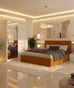 Dormitor Elys Caramiziu cu Dressing 150 si Pat Tapitat Cu 2 Noptiere