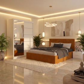 Dormitor Elys Caramiziu cu Dressing 150 si Pat Tapitat Cu 2 Noptiere