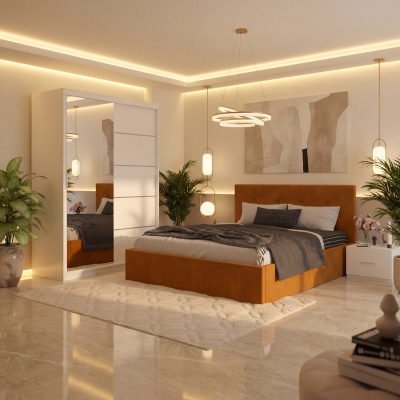 Dormitor Elys Caramiziu cu Dressing 150 si Pat Tapitat Cu 2 Noptiere