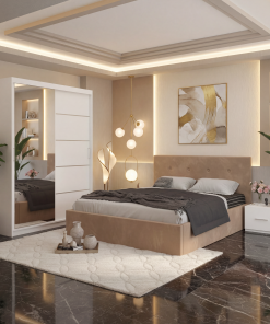 Dormitor Elys Crem cu Dressing 150 si Pat Tapitat Cu 2 Noptiere