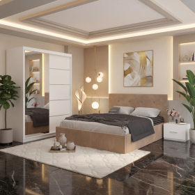 Dormitor Elys Crem cu Dressing 150 si Pat Tapitat Cu 2 Noptiere