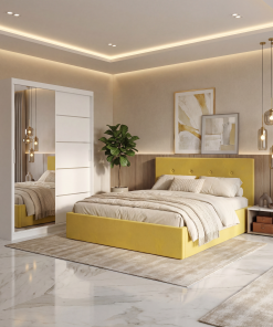 Dormitor Elys Galben cu Dressing 150 si Pat Tapitat Cu 2 Noptiere