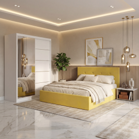 Dormitor Elys Galben cu Dressing 150 si Pat Tapitat Cu 2 Noptiere