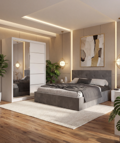 Dormitor Elys Gri cu Dressing 150 si Pat Tapitat Cu 2 Noptiere