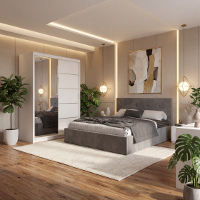 Dormitor Elys Gri cu Dressing 150 si Pat Tapitat Cu 2 Noptiere