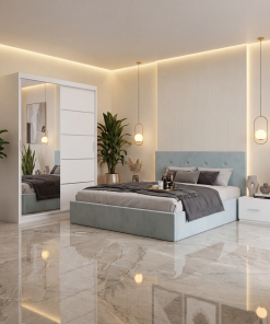 Dormitor Elys Lemon cu Dressing 150 si Pat Tapitat Cu 2 Noptiere