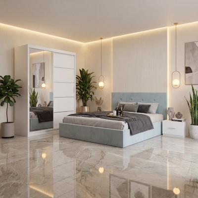 Dormitor Elys Lemon cu Dressing 150 si Pat Tapitat Cu 2 Noptiere