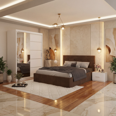 Dormitor Elys Maro cu Dressing 150 si Pat Tapitat Cu 2 Noptiere