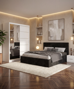 Dormitor Elys Negru cu Dressing 150 si Pat Tapitat Cu 2 Noptiere