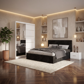 Dormitor Elys Negru cu Dressing 150 si Pat Tapitat Cu 2 Noptiere