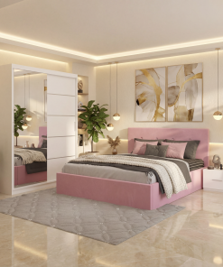 Dormitor Elys Roz cu Dressing 150 si Pat Tapitat Cu 2 Noptiere