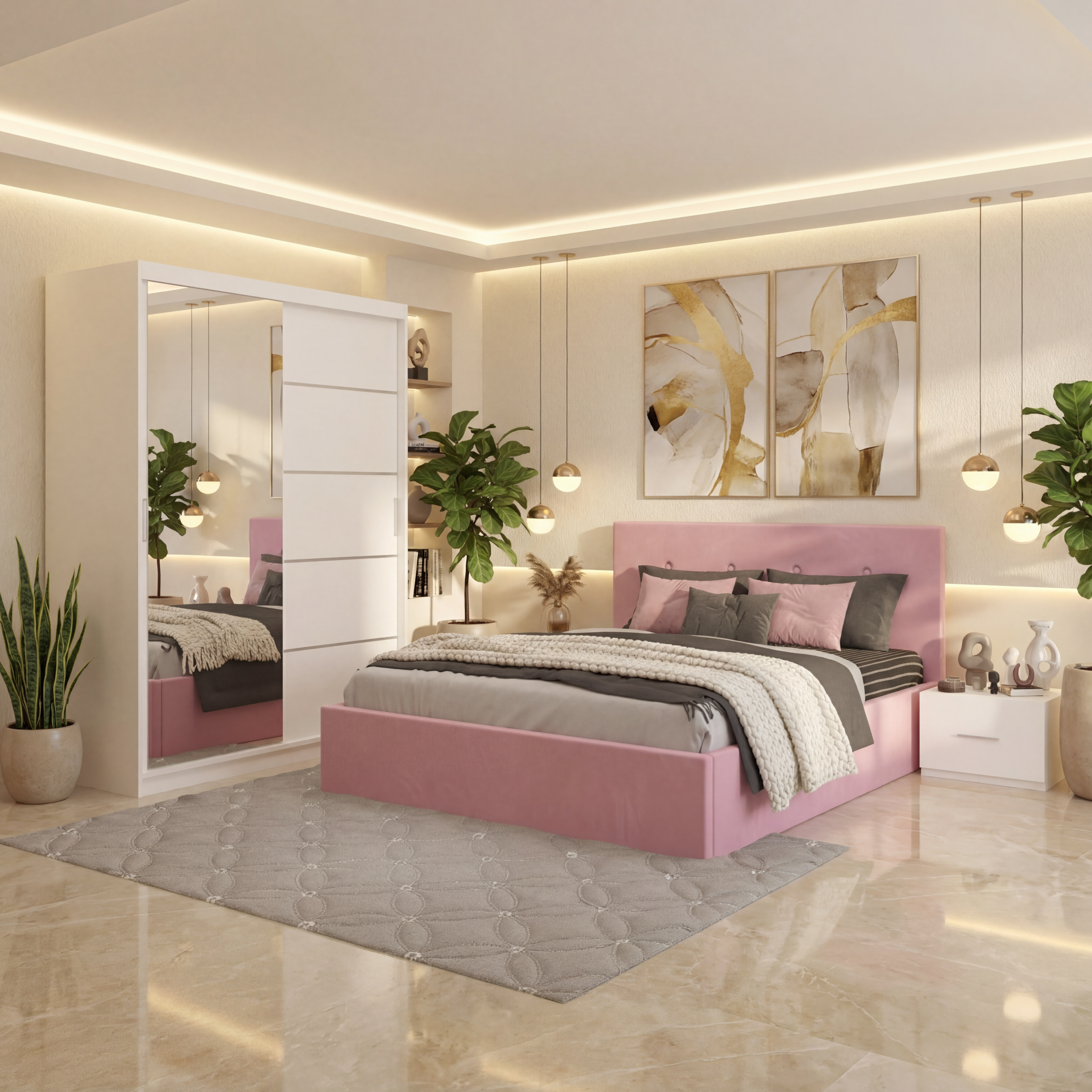 Dormitor Elys Roz cu Dressing 150 si Pat Tapitat Cu 2 Noptiere