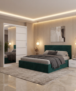 Dormitor Elys Verde cu Dressing 150 si Pat Tapitat Cu 2 Noptiere