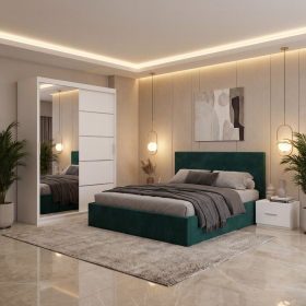 Dormitor Elys Verde cu Dressing 150 si Pat Tapitat Cu 2 Noptiere