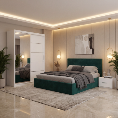 Dormitor Elys Verde cu Dressing 150 si Pat Tapitat Cu 2 Noptiere