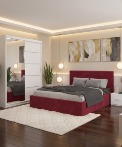 Dormitor Elys Visiniu cu Dressing 150 si Pat Tapitat Cu 2 Noptiere