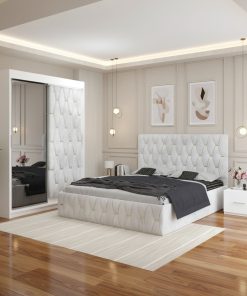 Dormitor Iris Alb cu Dressing Tapitat si 2 Noptiere