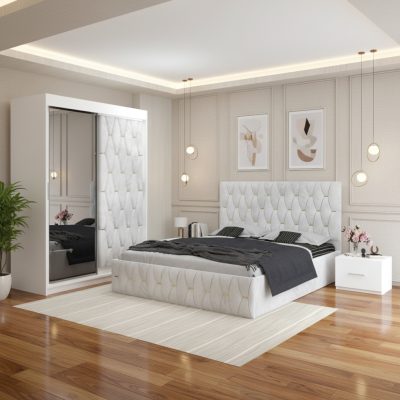 Dormitor Iris Alb cu Dressing Tapitat si 2 Noptiere