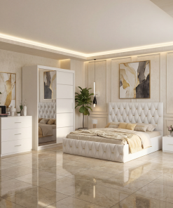 Dormitor Iris Alb cu Pat Tapitat , Dresing 150, Comoda si Noptiere