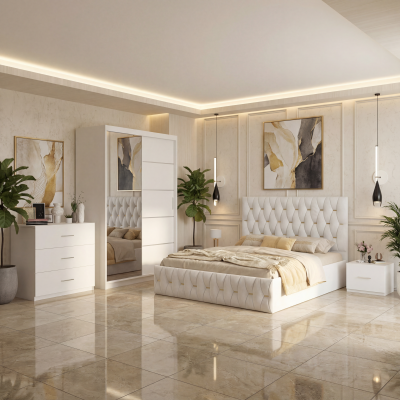 Dormitor Iris Alb cu Pat Tapitat , Dresing 150, Comoda si Noptiere