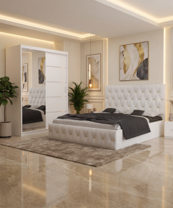 Dormitor Iris Alb cu Pat Tapitat , Dresing 150 si Noptiere