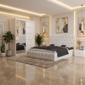 Dormitor Iris Alb cu Pat Tapitat , Dresing 150 si Noptiere