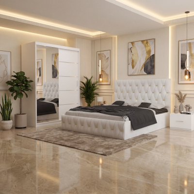 Dormitor Iris Alb cu Pat Tapitat , Dresing 150 si Noptiere