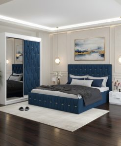 Dormitor Iris Albastru cu Dressing Tapitat si 2 Noptiere