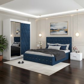 Dormitor Iris Albastru cu Dressing Tapitat si 2 Noptiere