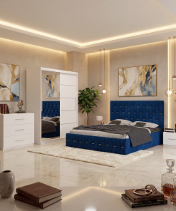 Dormitor Iris Albastru cu Pat Tapitat , Dresing 150, Comoda si Noptiere