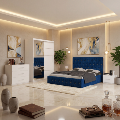 Dormitor Iris Albastru cu Pat Tapitat , Dresing 150, Comoda si Noptiere