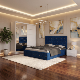 Dormitor Iris Albastru cu Pat Tapitat , Dresing 150 si Noptiere