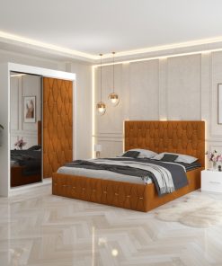 Dormitor Iris Caramiziu cu Dressing Tapitat si 2 Noptiere