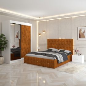 Dormitor Iris Caramiziu cu Dressing Tapitat si 2 Noptiere