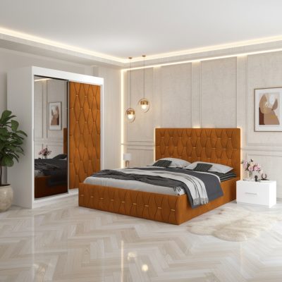 Dormitor Iris Caramiziu cu Dressing Tapitat si 2 Noptiere