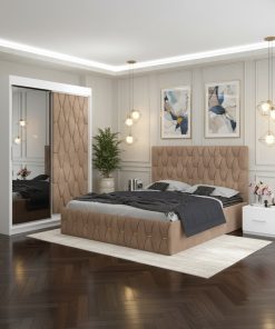 Dormitor Iris Crem cu Dressing Tapitat si 2 Noptiere