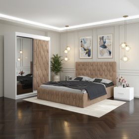 Dormitor Iris Crem cu Dressing Tapitat si 2 Noptiere