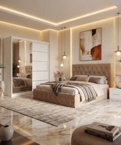 Dormitor Iris Crem cu Pat Tapitat , Dresing 150 si Noptiere