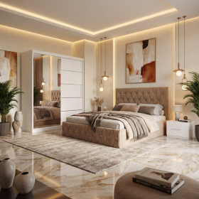 Dormitor Iris Crem cu Pat Tapitat , Dresing 150 si Noptiere