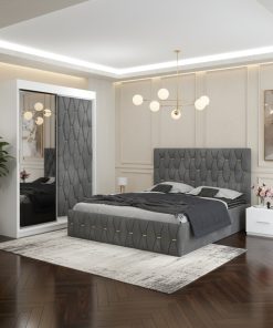 Dormitor Iris Gri cu Dressing Tapitat si 2 Noptiere