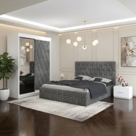 Dormitor Iris Gri cu Dressing Tapitat si 2 Noptiere