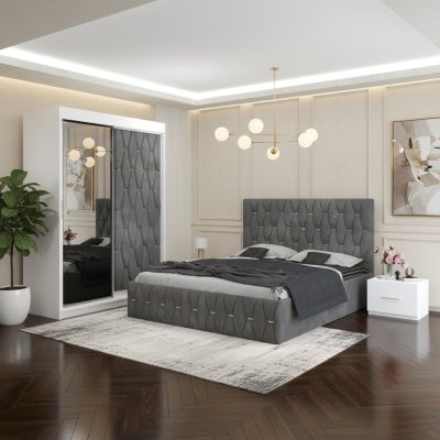 Dormitor Iris Gri cu Dressing Tapitat si 2 Noptiere