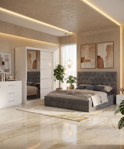 Dormitor Iris Gri cu Pat Tapitat , Dresing 150, Comoda si Noptiere